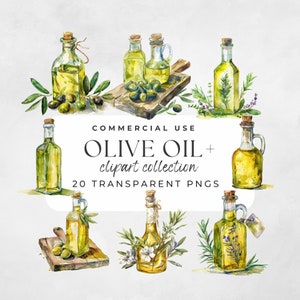 May include: Watercolor illustration of olive oil bottles with various herbs and olives. The bottles are clear glass with cork stoppers and contain golden yellow olive oil. The text "COMMERCIAL USE OLIVE OIL clipart collection 20 TRANSPARENT PNGS" is displayed on a white background.