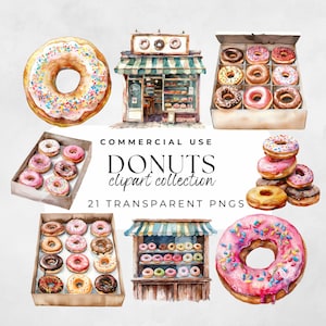 以下が含まれることがあります： ドーナツショップの水彩画イラスト。箱やショーケースに様々なドーナツが並んでいます。ドーナツは、スプリンクル、チョコレート、フロスティングで飾られています。お店には緑色のひさしがあり、「ドーナツショップ」と書かれた看板があります。