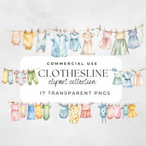 Baby Clothesline Clipart, Baby Shower Clipart, Baby Clothes Png, Newborn Watercolor Boho Baby Shower, Gender Neutral Baby, Nursery Printable