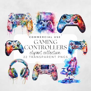 May include: A collection of watercolor illustrations of gaming controllers, headphones, and a gaming chair. The illustrations are colorful and vibrant, with a variety of colors and patterns. The text "COMMERCIAL USE GAMING CONTROLLERS clipart collection 22 TRANSPARENT PNGS" is visible in the image.