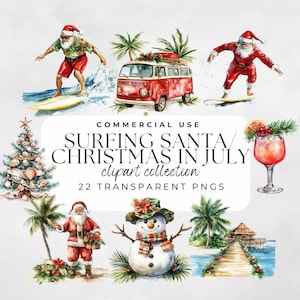 Surf Père Noël, Noël en juillet, Noël tropical, clipart vacances, clipart père Noël, été Noël père Noël Png, père Noël été