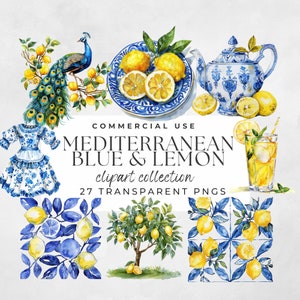 Piastrella blu e limone, piastrella, png mediterraneo, clipart estiva, clipart albero di limone mediterraneo, addio al nubilato al limone, piastrella blu e bianca