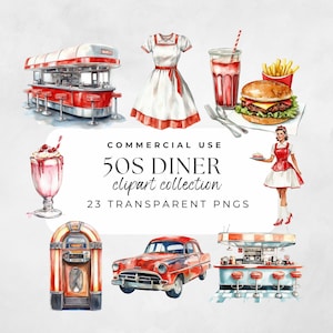 Op de afbeelding: Een verzameling clipart met een 50s diner thema, met een rood en wit diner, een rode auto, een jukebox, een serveerster, een milkshake, een hamburger en een booth. De tekst "COMMERCIAL USE 50s DINER clipart collection 23 TRANSPARENT PNGs" is in de afbeelding opgenomen.