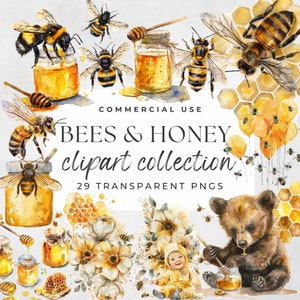 Puede incluir: Colección de imágenes prediseñadas de acuarela de abejas, miel y panales. La colección incluye 29 archivos PNG transparentes. La imagen presenta una variedad de abejas, tarros de miel, panales y flores. El texto "Bees & Honey clipart collection 29 transparent PNGs" está escrito en el centro de la imagen.