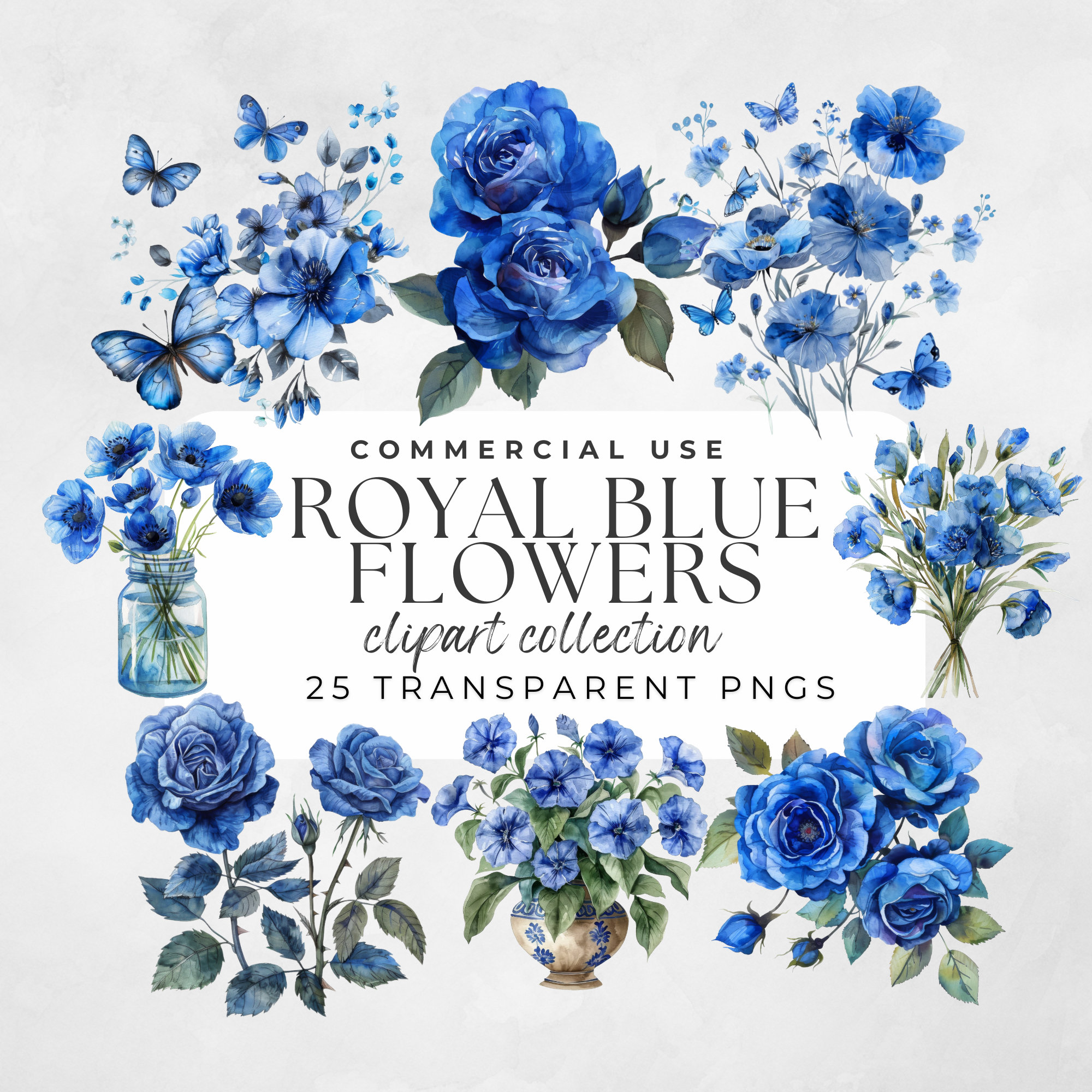 Royal Blue Flower, Blue Flower Png, Blue Floral Clipart, Watercolor Flowers, Floral Arrangement, Flower Composition, Royal Blue Roses
