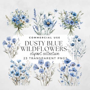 Flores azuis empoeiradas, clipart de flores azuis, clipart azul empoeirado, flores em aquarela, clipart de flores silvestres, clipart floral selvagem, floral azul