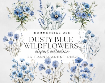 Dusty Blue Flowers, Blue Flower Clipart, Dusty Blue Clipart, Watercolor Flowers, Wildflowers Clipart, Wild Floral Clipart, Blue Floral