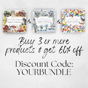 Puede incluir: Tres colecciones de clipart digitales para uso comercial: On the Farm, Blue Wildflowers y Rainbow Butterflies. Cada colecci&oacute;n presenta ilustraciones de acuarela con fondos transparentes. Compra 3 o m&aacute;s productos y obt&eacute;n un 60% de descuento con el c&oacute;digo YOURBUNDLE.