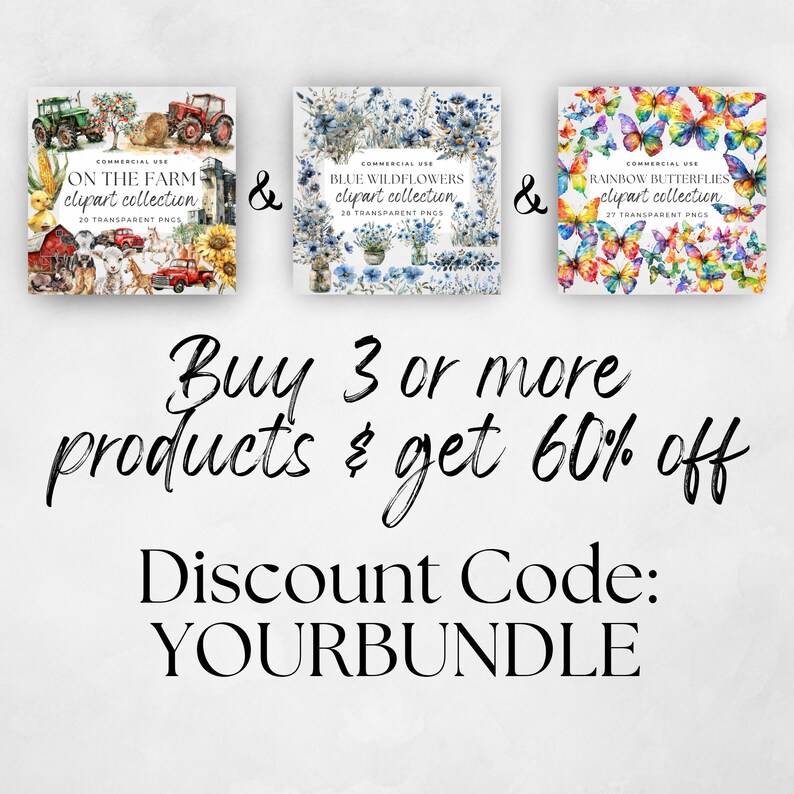 Puede incluir: Tres colecciones de clipart digitales para uso comercial: On the Farm, Blue Wildflowers y Rainbow Butterflies. Cada colecci&oacute;n presenta ilustraciones de acuarela con fondos transparentes. Compra 3 o m&aacute;s productos y obt&eacute;n un 60% de descuento con el c&oacute;digo YOURBUNDLE.