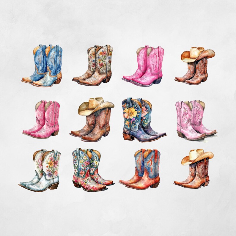 Nursery Decor Watercolor Boots Western Theme Illustration Floral Design Elements Cowgirl Boot Collection Digital Download Art Transparent Background Graphics Baby Shower Invitation Components Rustic Wedding Designs Printable Art Projects