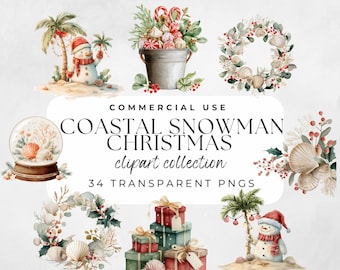 Coastal Christmas Snowman Clipart Tropical Holiday Art Seashell Palm Decor Bundle Transparent PNG Beach Christmas in July Clip Art Set