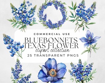 May include: A collection of 25 watercolor illustrations of bluebonnets, a Texas state flower, in various arrangements. The illustrations include a wreath, bouquets, and individual flowers. The text "Bluebonnets Texas Flower clipart collection 25 Transparent PNGs" is displayed on a white background.