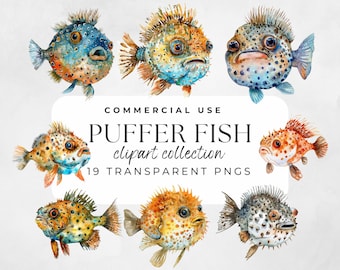 Puffer Fish Clipart Pufferfish Png Watercolor Clipart Sea Life Art Cute Puffer Fish Printable Decor