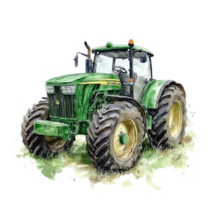 Puede incluir: Ilustración en acuarela de un tractor verde con neumáticos negros grandes y detalles amarillos. El tractor tiene una cabina con volante, sobre un fondo blanco con hierba verde en acuarela.