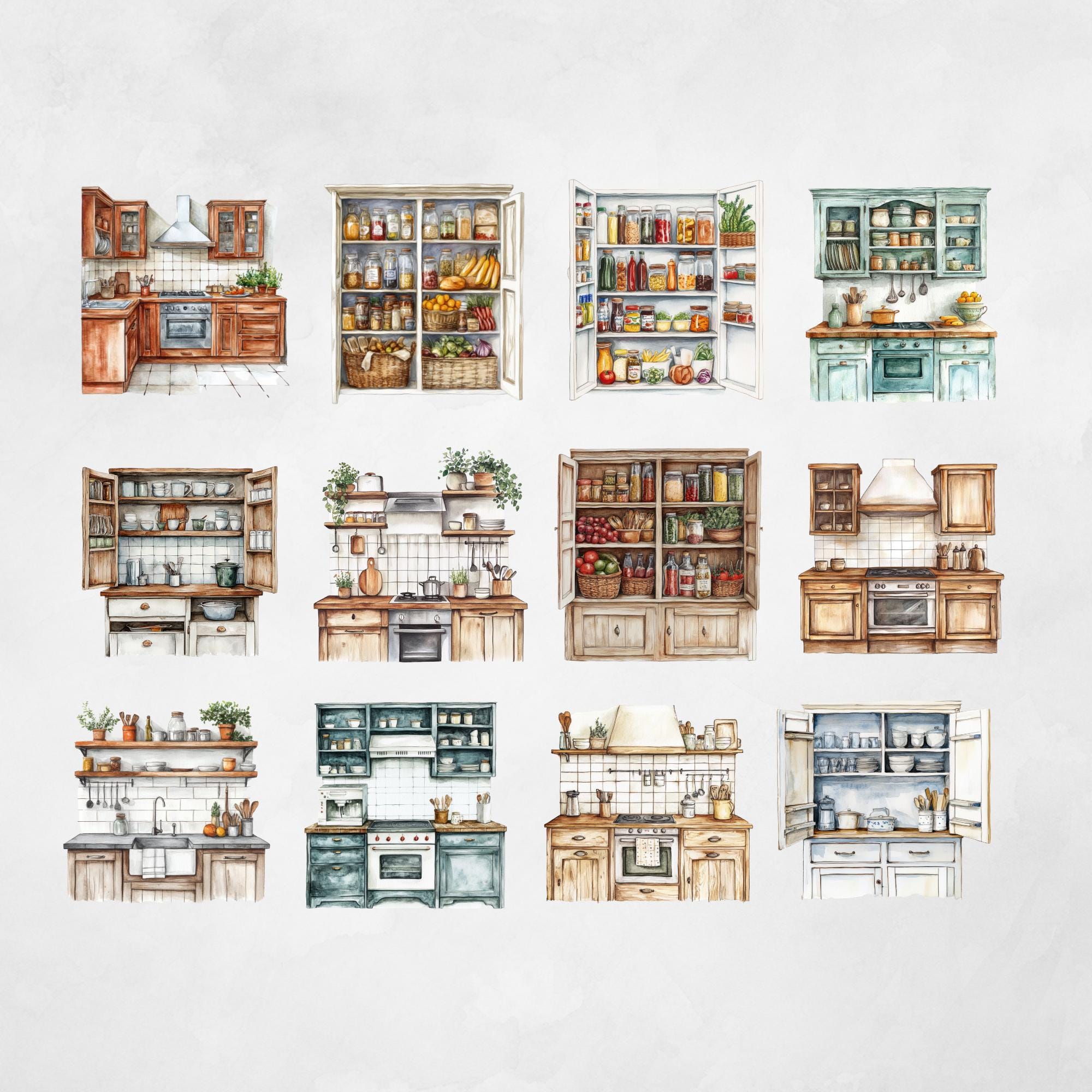 Kitchen Cabinet Clipart Vintage Watercolor Pngs Vintage Kitchen Art ...