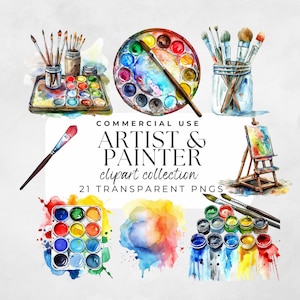Clipart pinceau, fournitures d'art, clipart artiste, clipart aquarelle, artiste aquarelliste, clipart pinceau, clipart classe d'art
