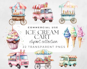 Ice Cream Cart Clipart Ice Cream Party Watercolor Ice Cream Shop Ice Cream Cart Png Ice Cream Van Ice Cream Birthday, Sweet Treats