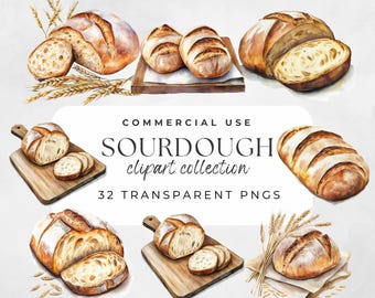 Clipart de masa madre, pan de masa madre en acuarela, pan de panadería, ilustración de pan, arte de cocina para hornear artesanal, imprimible