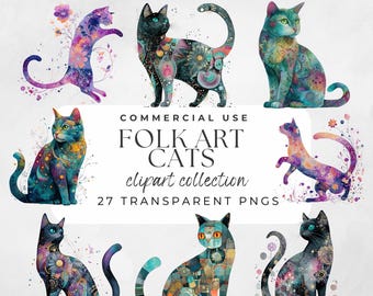Folk Art Cat Clipart Illustrations Whimsical Bohemian Folkart Cat Transparent PNG Quirky Cat Artistic Colorful Kitten Creative Card Making