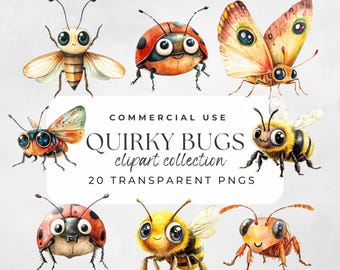 Quirky Bug Clipart Funny Insects Quirky Insects Cute Insect Clipart Cute Bug Clipart Ladybug Clipart, Bug Illustration, Big Eye Bugs