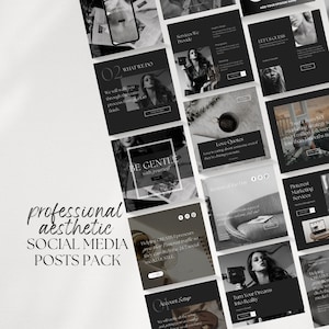 May include: A set of black and white social media post templates with text overlays. The templates feature quotes, tips, and services offered. The text includes "What We Do", "Be Gentle with Yourself", "Love Quotes", "Review of the Day", "Turn Your Dreams into Reality", and "Account Setup".