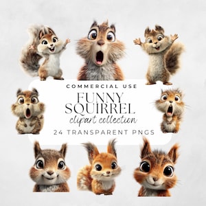 Könnte beinhalten: Eine Sammlung von Cartoon-Eichhörnchen-Cliparts. Die Eichhörnchen haben braunes und hellbraunes Fell, einige haben flauschige Schwänze. Der Text "FUNNY SQUIRREL clipart collection" wird auf weißem Hintergrund angezeigt. Die Sammlung umfasst 24 transparente PNGs.
