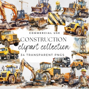 Aquarelle de construction, construction, clipart jaune construction, véhicule de construction, pelle excavatrice, camion bulldozer PNG, clipart construction jaune