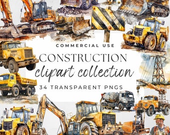 May include: A watercolor illustration of a collection of construction vehicles, including excavators, bulldozers, dump trucks, and a crane. The vehicles are painted in yellow and black, and the illustration is set against a white background. The text "COMMERCIAL USE CONSTRUCTION clipart collection 34 TRANSPARENT PNGS" is included in the image.