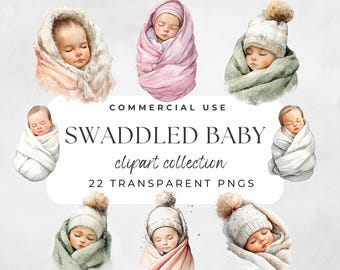 Swaddled Baby Clipart Watercolor Nursery Art Newborn Digital Download for Baby Crafts Newborn PNG Nursery Art Clothes Soft