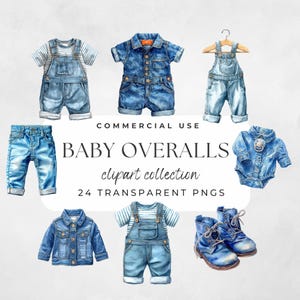 Könnte beinhalten: Aquarell-Illustration von Baby-Jeanskleidung, einschließlich Overalls, Jacken und Stiefeln. Das Bild zeigt verschiedene Stile von Jeansbekleidung. Der Text lautet "BABY OVERALLS clipart collection 24 TRANSPARENT PNGS".