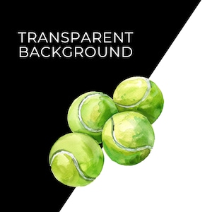 May include: Four green and yellow tennis balls against a white background. The tennis balls are arranged in a cluster, with one ball on top of the others.