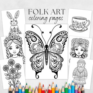 Folk Coloring Book, Flower Coloring Page, Nature Coloring Book, Crafts fror Kids, Easy Teacher Craft, Easy to Color Pages, Soothing