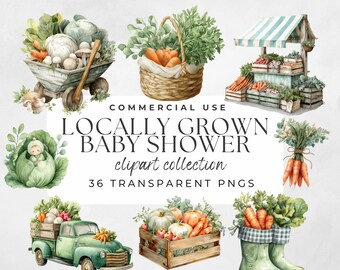 Locally Grown Baby Shower PNG Watercolor Vegetable Rustic Baby Shower Art Botanical Bundle Farmers Market Theme PNG