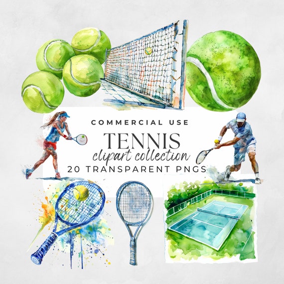 Watercolor Tennis Ball Clipart PNG Tennis Racket Blue Net Tennis Ball for T Shirts Tennis Invite Graphic Tennis Player Sport
