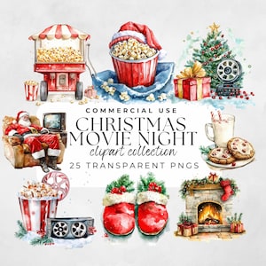 Clipart z nocą filmową na Boże Narodzenie, Noc Bożego Narodzenia, Clipart z Wigilią Bożego Narodzenia, Film świąteczny, Boże Narodzenie dla dzieci, Grafika sublimacyjna, Film świąteczny
