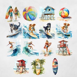 Puede incluir: Pintura acuarela de una escena de playa con varios elementos, incluyendo una casa de playa, un puesto de salvavidas, pelotas de playa, surfistas y perros. La pintura est&aacute; hecha en un estilo caprichoso con colores brillantes y detalles juguetones.
