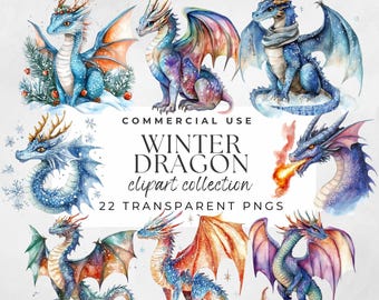 May include: A collection of 9 watercolor illustrations of winter dragons. The dragons are blue, purple, red, and green with glitter accents. They are all in different poses, some are flying, some are sitting, and some are standing. The background is white with snowflakes.