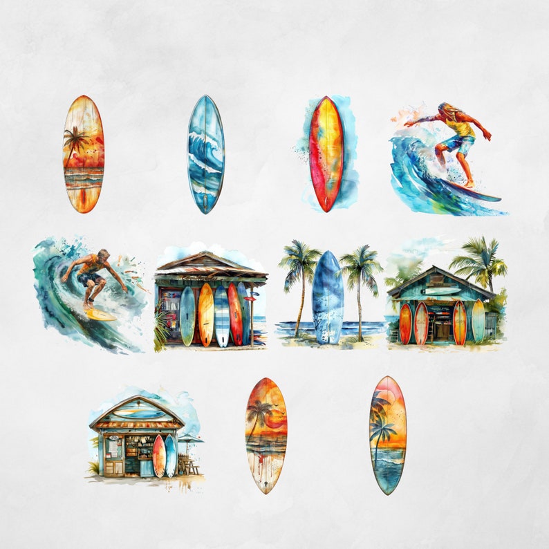 Puede incluir: Ilustraci&oacute;n de acuarela de tablas de surf, caba&ntilde;as de playa y surfistas. La ilustraci&oacute;n presenta una variedad de tablas de surf en diferentes colores y dise&ntilde;os, incluyendo una tabla de surf con un dise&ntilde;o de palmera, una tabla de surf con un dise&ntilde;o de puesta de sol y una tabla de surf con un dise&ntilde;o de ola. La ilustraci&oacute;n tambi&eacute;n presenta una caba&ntilde;a de playa con un techo de paja y una tienda de surf con un letrero que dice "Surf Shop".