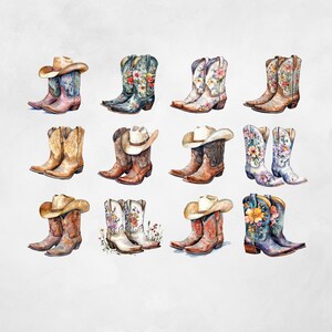 Digital Download Watercolor Boots Western Illustration Collection Floral Cowgirl Designs High Resolution Graphics Transparent Background Images Printable Art Elements Rustic Country Style Nursery Decor Baby Shower Invitation Design Western