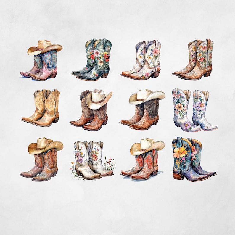 Digital Download Watercolor Boots Western Illustration Collection Floral Cowgirl Designs High Resolution Graphics Transparent Background Images Printable Art Elements Rustic Country Style Nursery Decor Baby Shower Invitation Design Western
