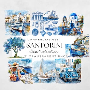 Clipart Santorin, clipart aquarelle, vacances clipart, clipart voyage, Grèce rue, aquarelle Grèce, Santorin Grèce, voyage en Grèce