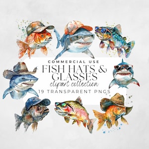 May include: A set of 19 watercolour clipart images of fish wearing hats and sunglasses. The fish are in various poses and include a shark, goldfish, and trout. The text "COMMERCIAL USE FISH HATS & GLASSES clipart collection 19 TRANSPARENT PNGS" is displayed on a white background.