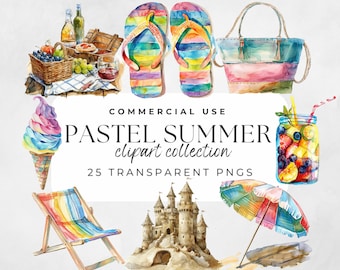 Pastel Summer Clipart Watercolour Clipart Ice Cream Clipart Flip Flops Beach Chair Beach Clipart, Holiday Vacation, Pastel Colours