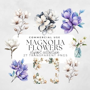 Watercolor Magnolia, Magnolia Clipart, Watercolor Flowers, Magnolia Flower Png, White Flower Clipart, Pink Magnolia Png, White Magnolia