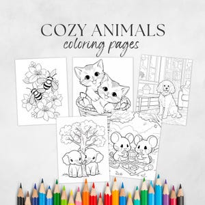 Cozy Friends Coloring, Cattagecore, Comfy Coloring, Hygge Coloring, Cute Girl Coloring, Simple Animal, Cozy Girl Pages