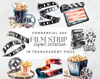 May include: A watercolor illustration of film strips, popcorn, and movie-themed items. The illustration includes a clapperboard, a film reel, and a camera. The text "COMMERCIAL USE FILM STRIP clipart collection 18 TRANSPARENT PNGS" is included in the image.