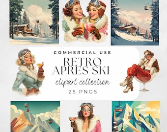 Vintage Après Ski Clipart 50s Style Graphics Retro Apres Ski Trip Girls PNG Women Winter Athlete Aspen Village Printable Art
