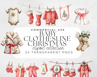 Christmas Baby Clothesline Clipart My First Christmas Santa Baby Shower New Baby Holiday Outfit Festive Watercolor Commercial Use PNG