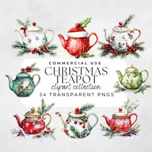 Clipart festa del tè, Clipart di Natale, Teiera di Natale, Teiera vintage PNG, Clipart tazza da tè, Clipart festivo, Acquerello Teiera Acquerello