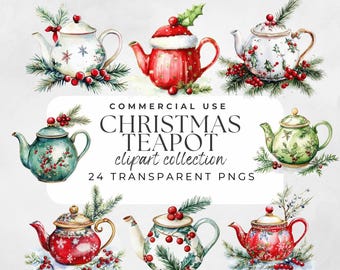Clipart Tea Party Noël aquarelle théière vintage Png tasse de thé aquarelle festive théière Illustration décoration de vacances